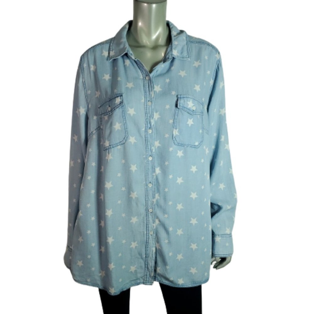Lane Bryant Womens Shirt Plus Size 14/16 Star Print Chambray Lyocell Blue Casual